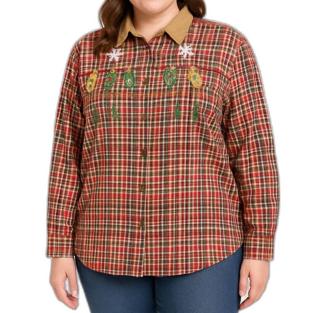 Victoria Jones Woman Red Plaid Button-Up Shirt | Size 1X